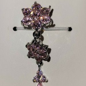 Flower w/ Round CZ Fancy Belly Button Ring Titanium Shaft/Rhodium Plated